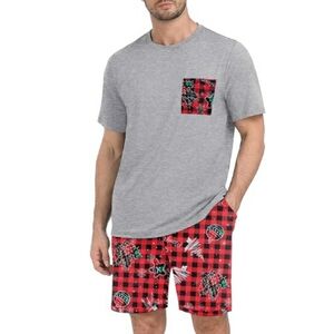 Men's Pajama Set Sleepwear Lightweight Short Sleeve Gray /Red